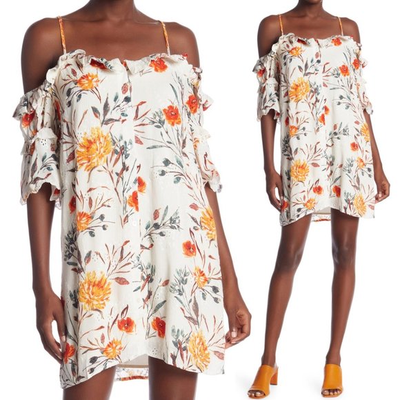 Dance & Marvel Dresses & Skirts - Eyelet Floral Cold Shoulder Ruffle Button Up Dress